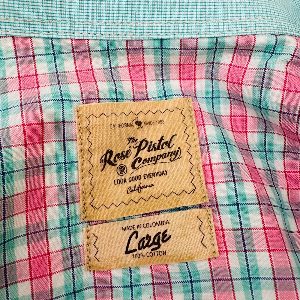 Rose Pistol California Mens Pink Blue Cotton Button Up Preppy Shirt Sz Large